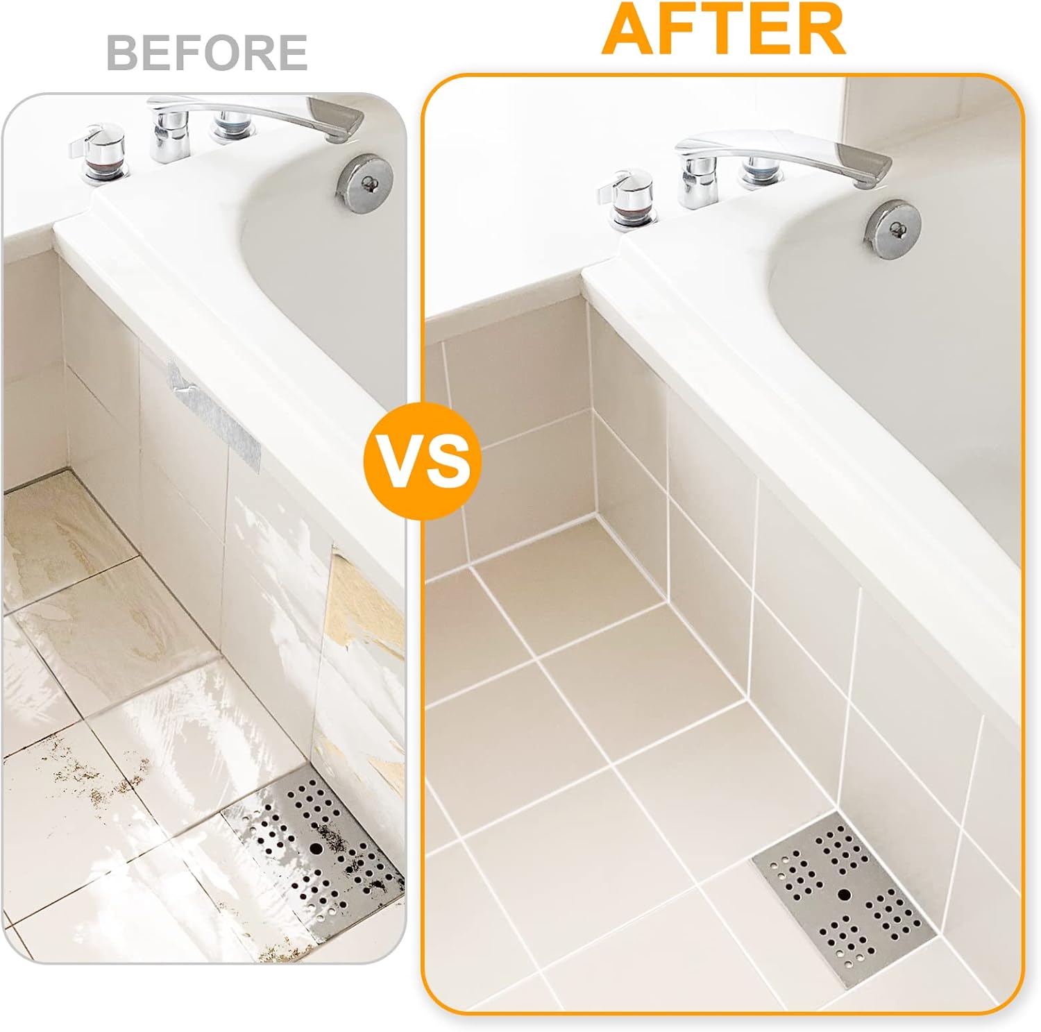 Before and after bathtub tile showing messy caulk vs clean, smooth lines made with Jetcube 5-in-1 caulking tool